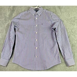 Tommy Hilfiger Mens M Button Down Shirt Red Blue White Striped 100s 2-Ply Cotton